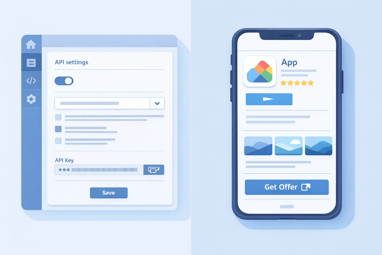 Illustration of developer dashboard and app listing with external link indicator
