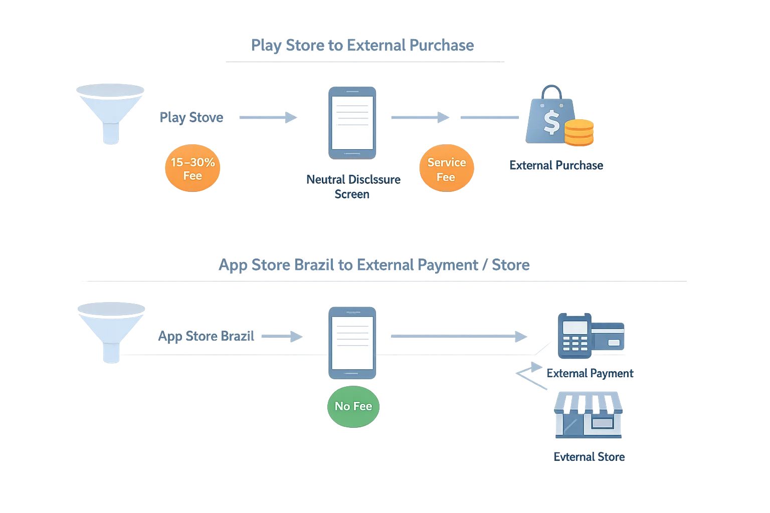 Flowchart of external link and payment funnels for Google Play and iOS Brazil