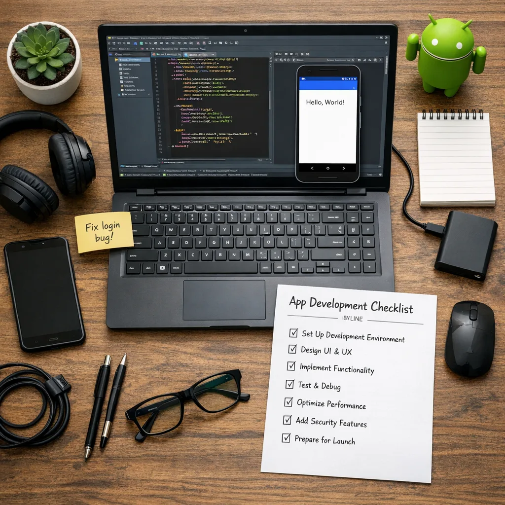 Developer desk with integration checklist and calculator
