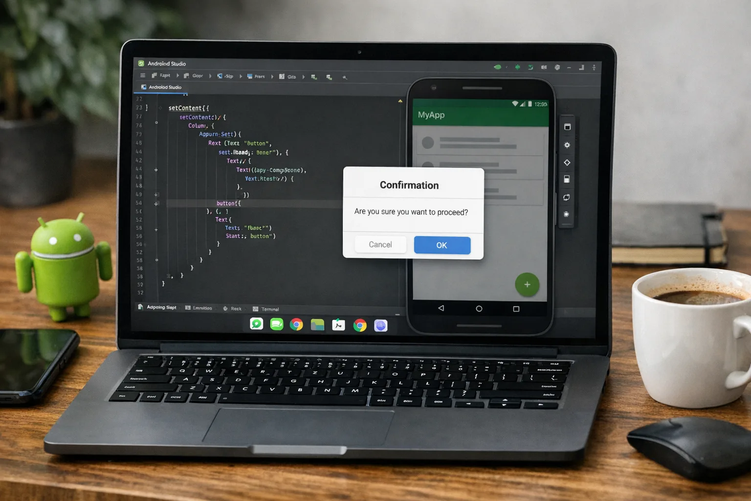 Android app showing external link information screen and a web checkout mockup