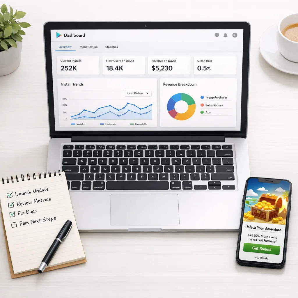 Laptop with dashboard, checklist notepad, and phone showing Play interstitial