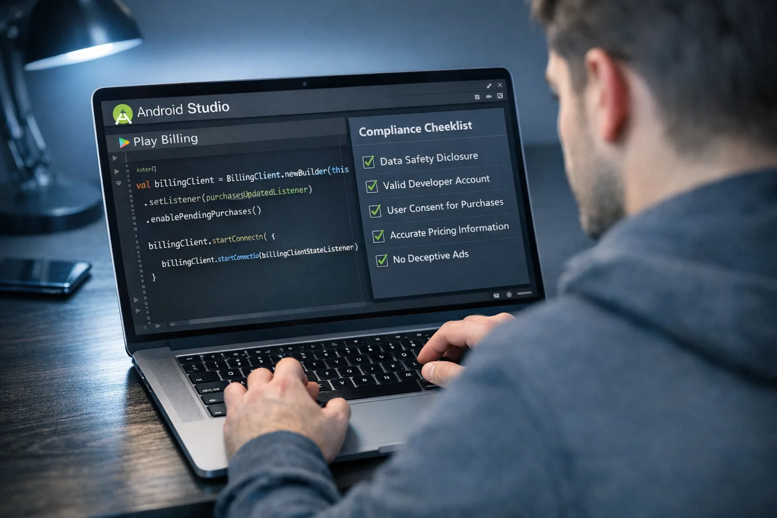 Android developer reviewing Play Billing integration checklist