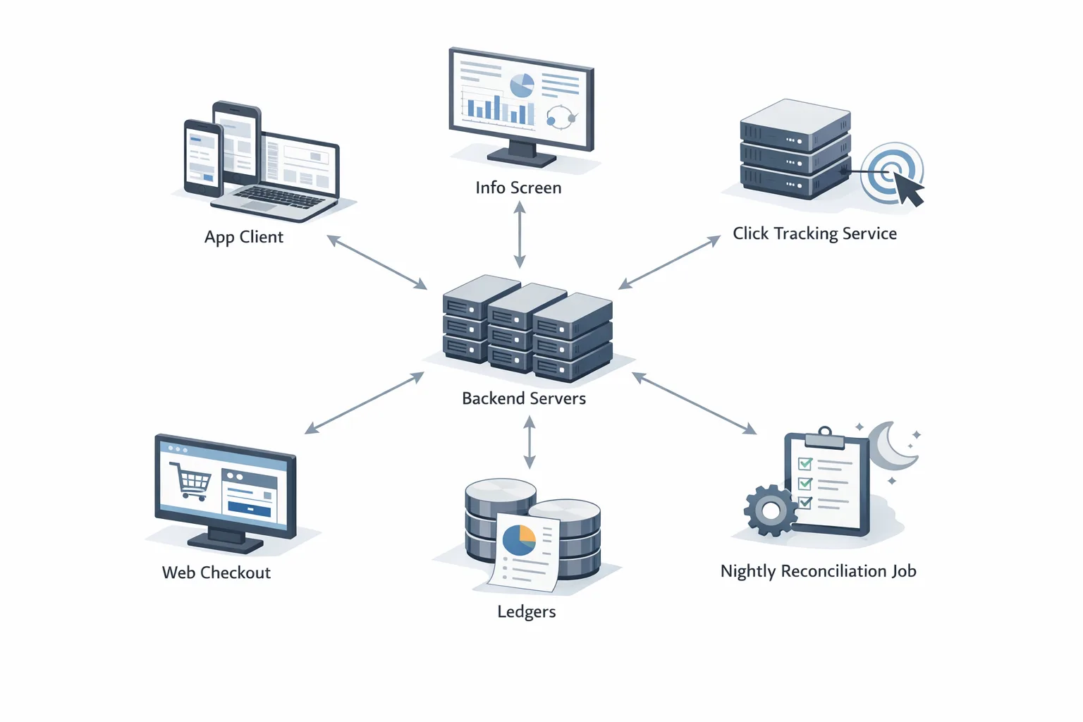 Isometric diagram of external link click-to-checkout architecture