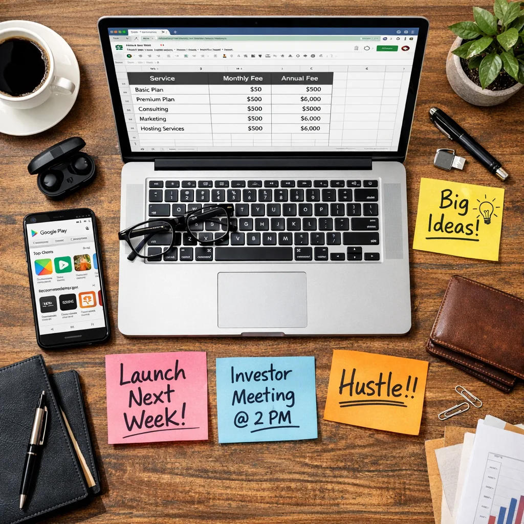 Photo of desk with fee model spreadsheet and phone showing Play Store