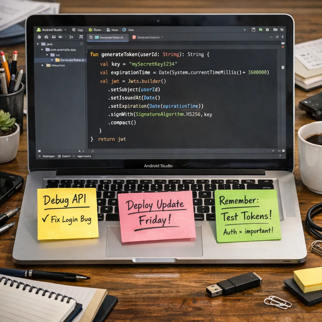 Developer workstation with notes about Play Billing 8.3.0 and tokens