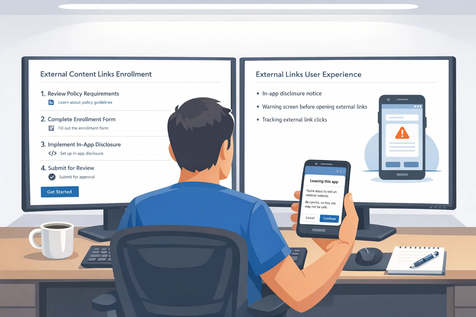 Illustration of Play Console and in-app external link information screen