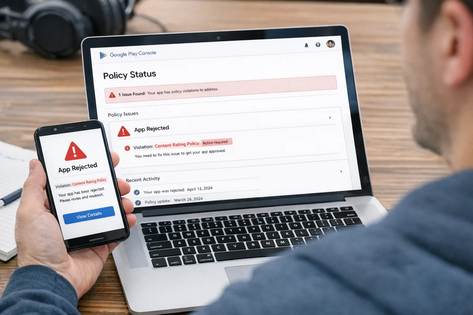 Developer reviewing Google Play external linking requirements on laptop with mobile disclosure screen