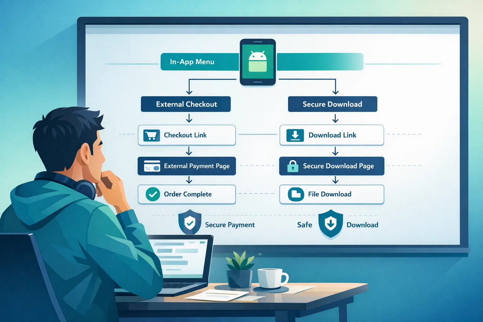 Illustration of Android app linking to external checkout and download