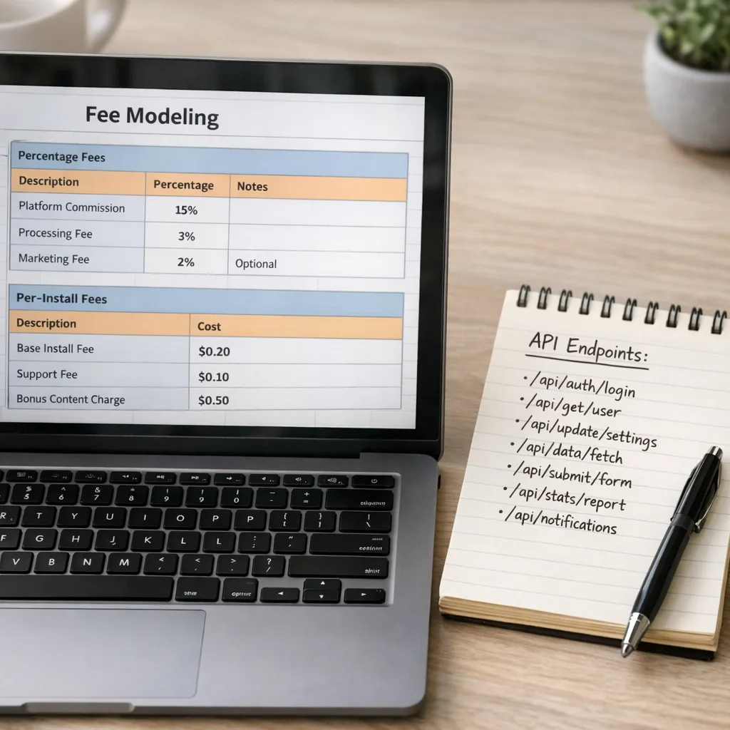 Product manager desk with alternative billing flowchart and mobile checkout