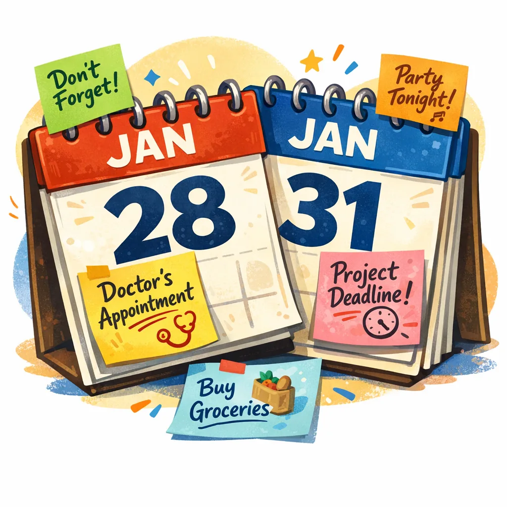 Illustration of overlapping calendars for Jan 28 and Jan 31 with task notes