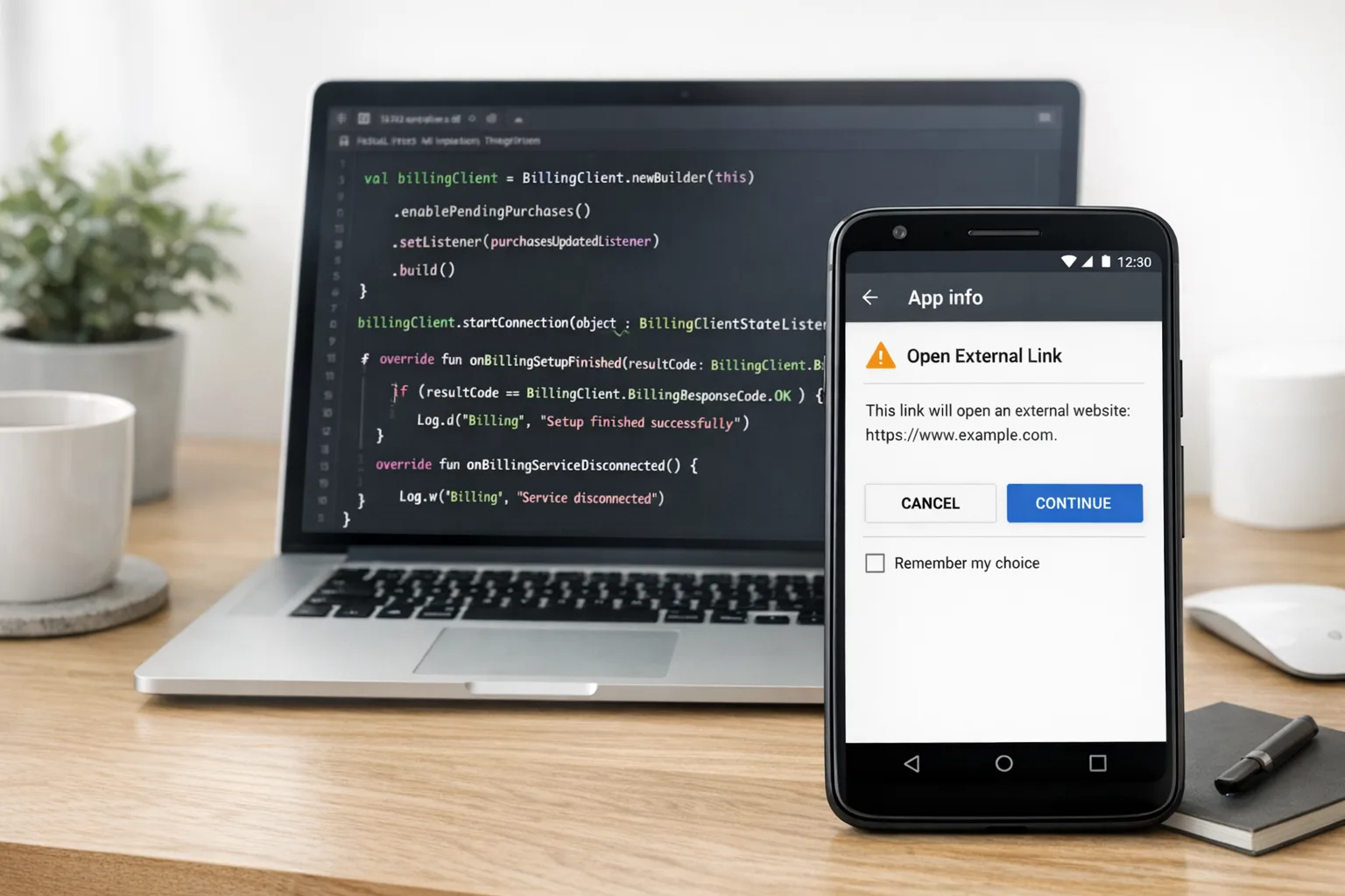 Android app showing an information screen before linking out, with code editor open