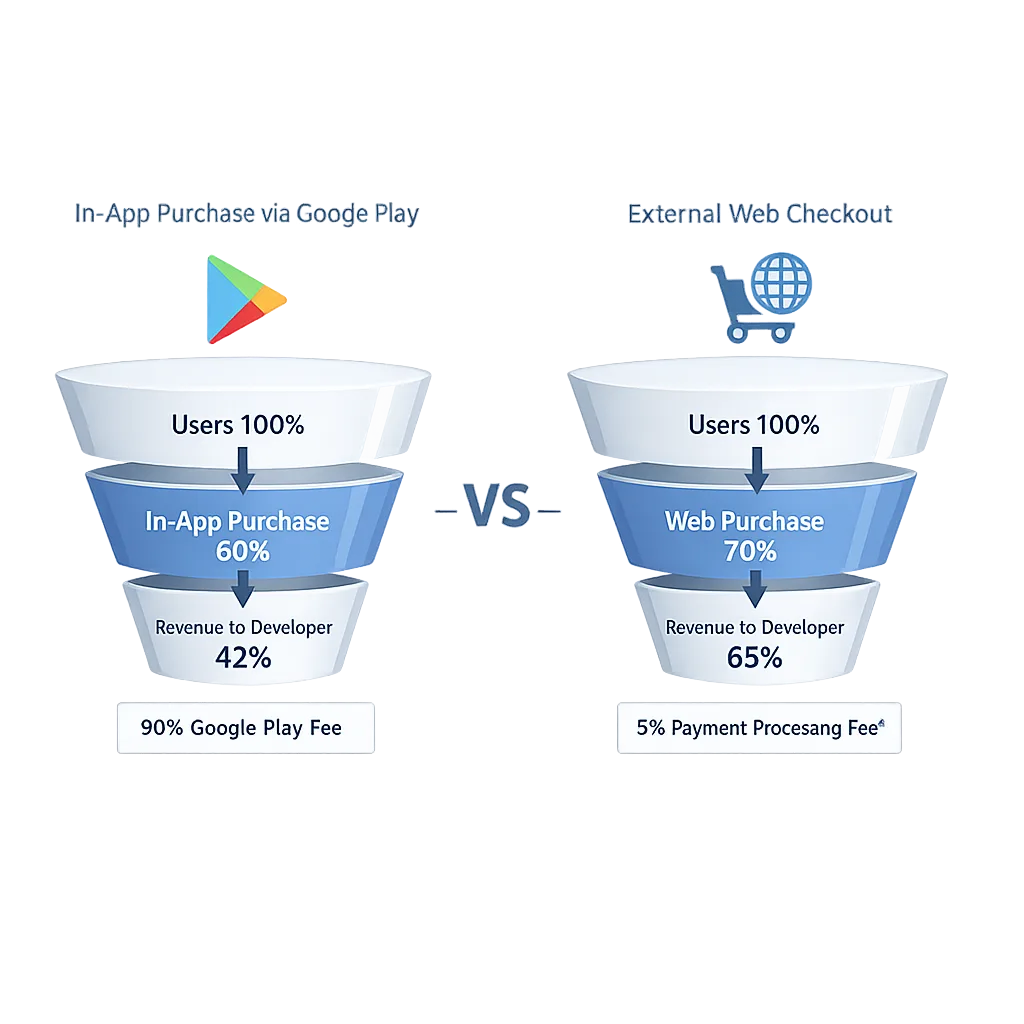 Diagram of Play IAP versus external web checkout fee flows