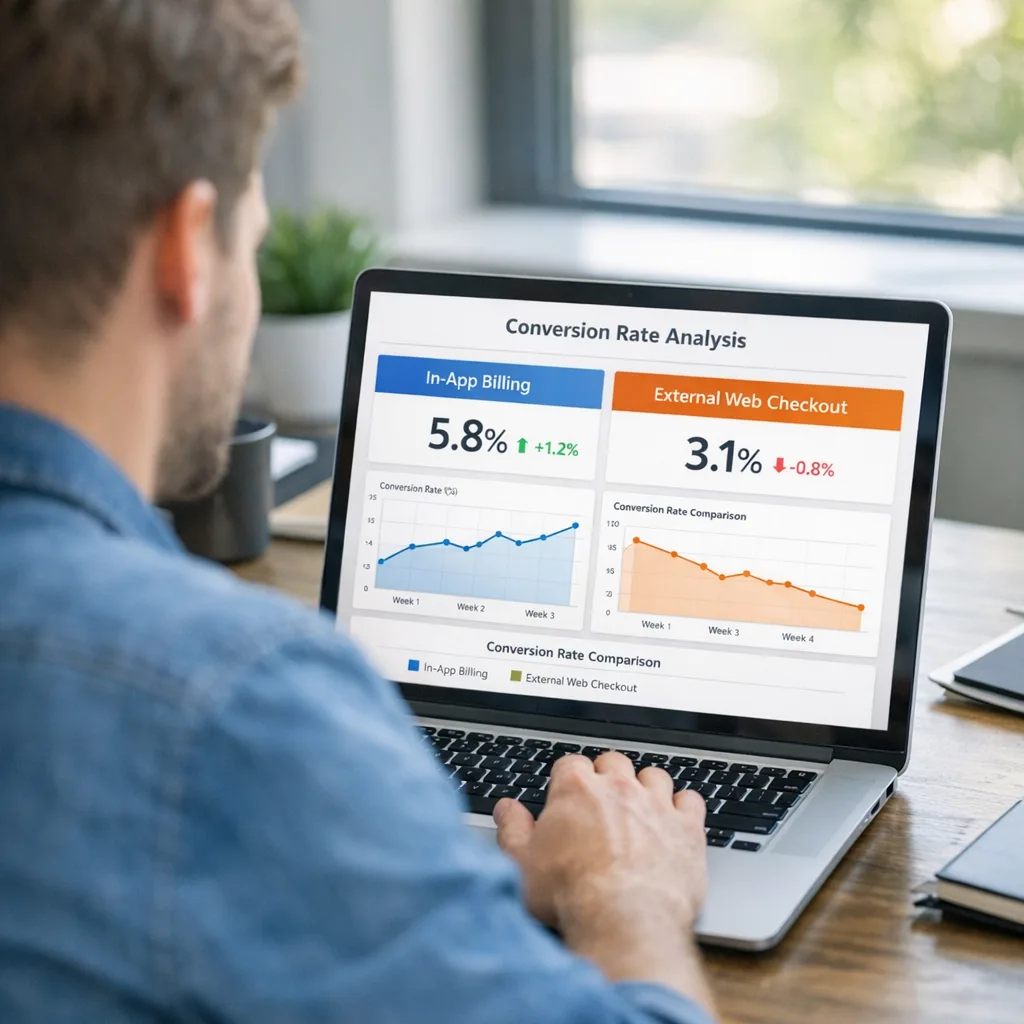 Developer analyzing conversion for external checkout vs in‑app