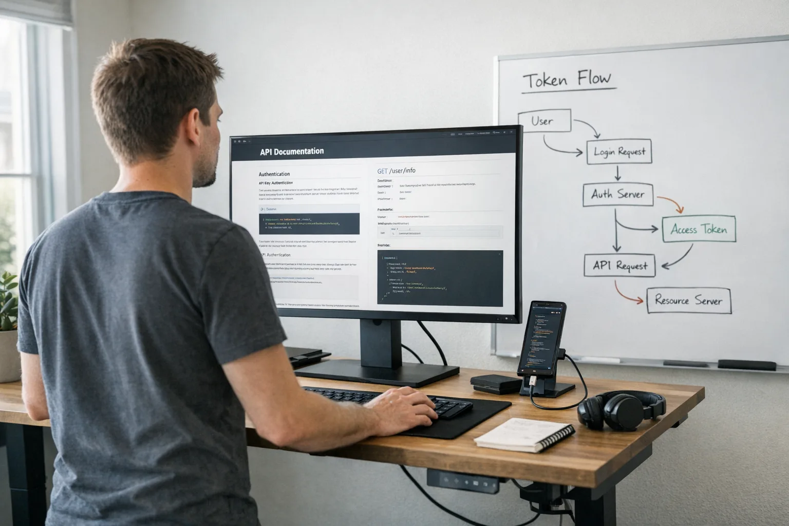 Engineer reviewing Google Play external links API docs and token flow