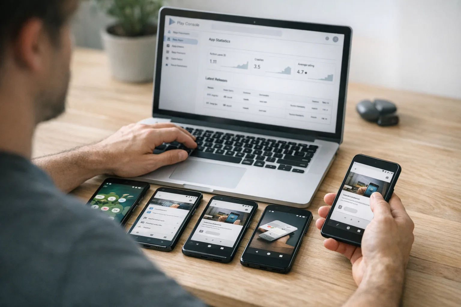Developer testing Android app with Play Console open