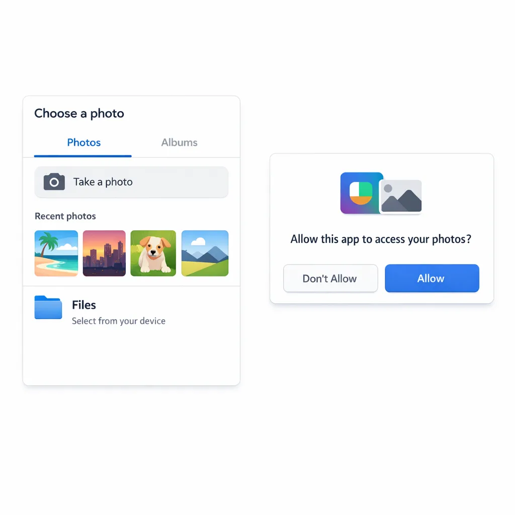 Illustration of Android system photo picker and permission dialog