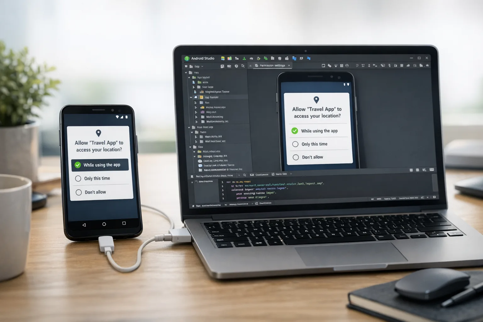 Developer testing Android permission changes in Android Studio