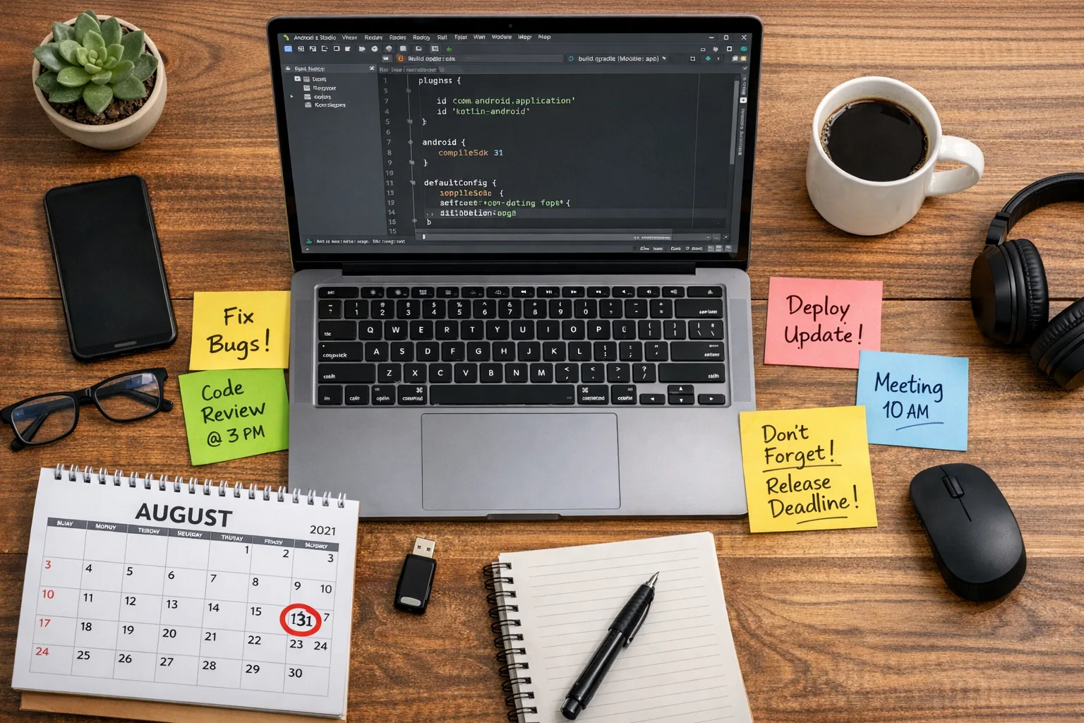 Developer desk with Gradle file and August 31 deadline highlighted