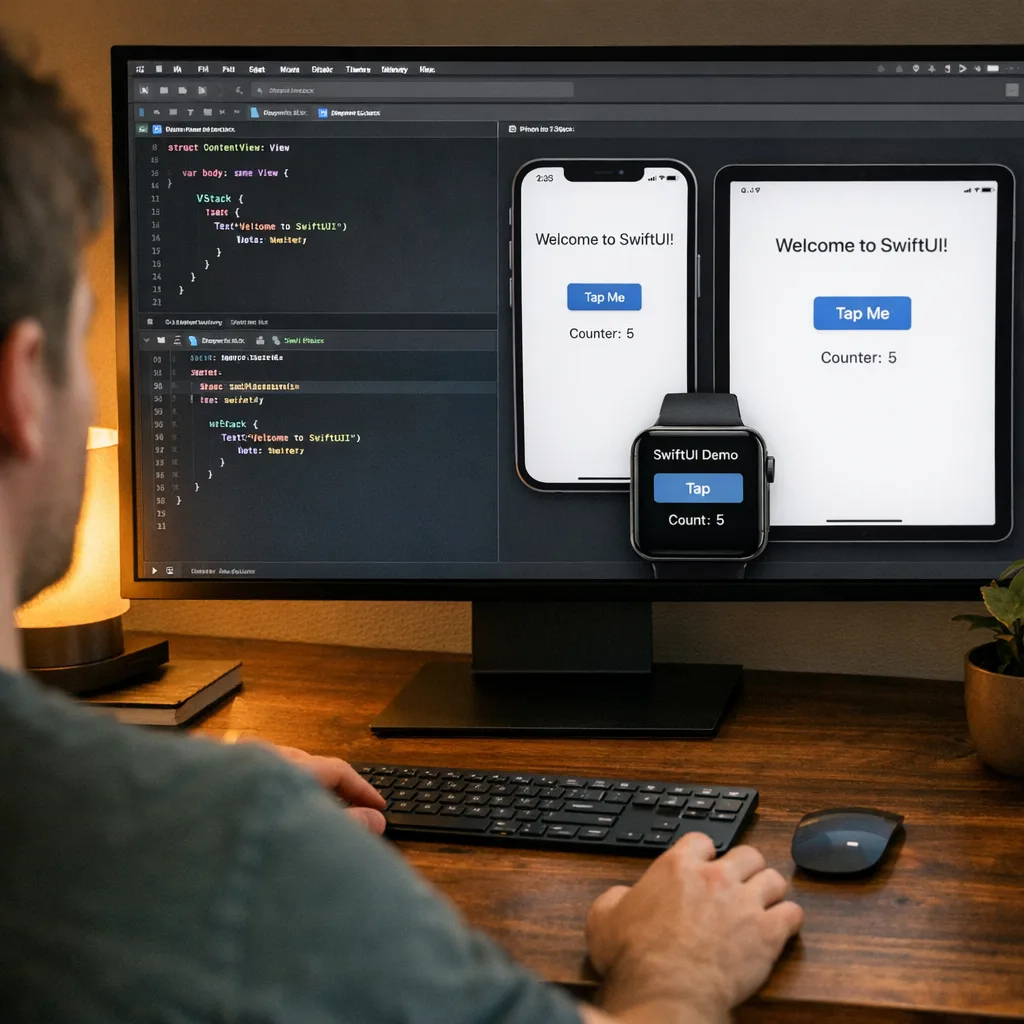 Developer using Xcode previews to test SwiftUI layouts