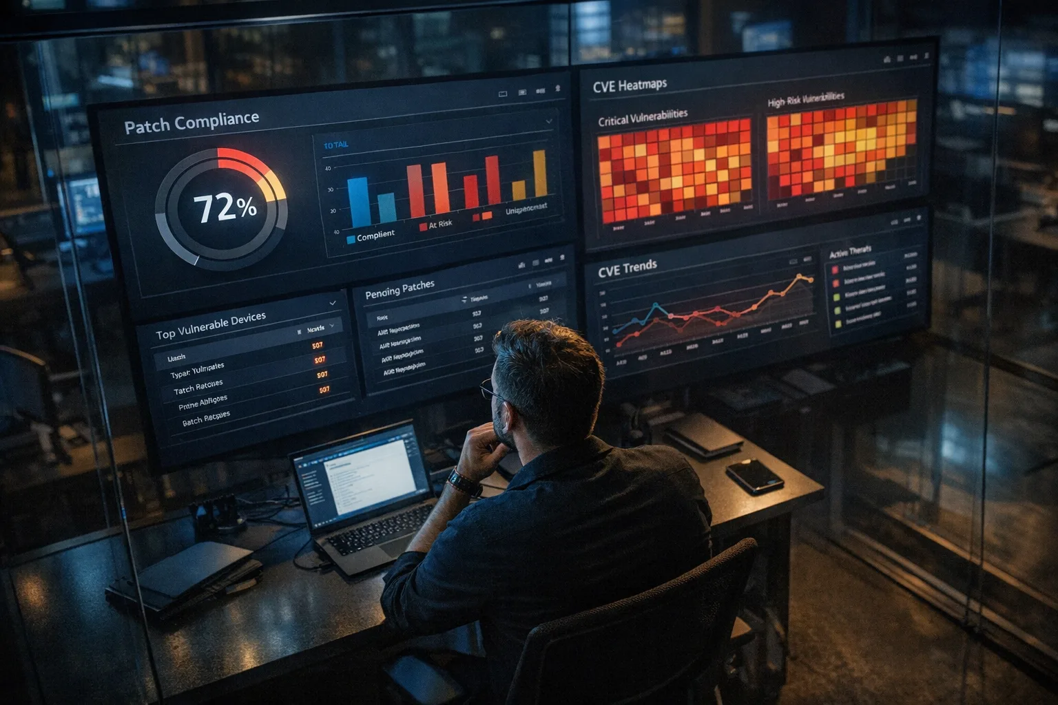 Security operations center monitors showing patch rollout status and CVE heatmaps