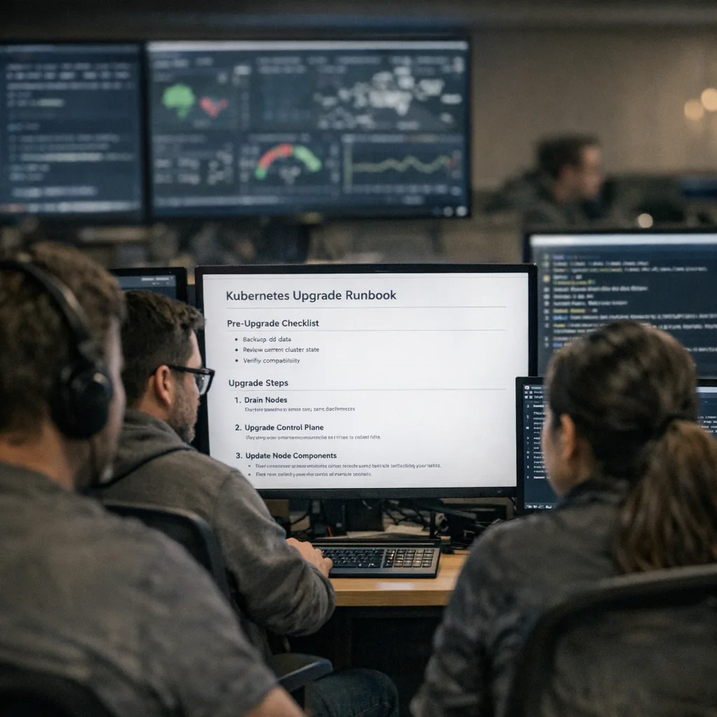 SRE team reviewing a Kubernetes upgrade runbook