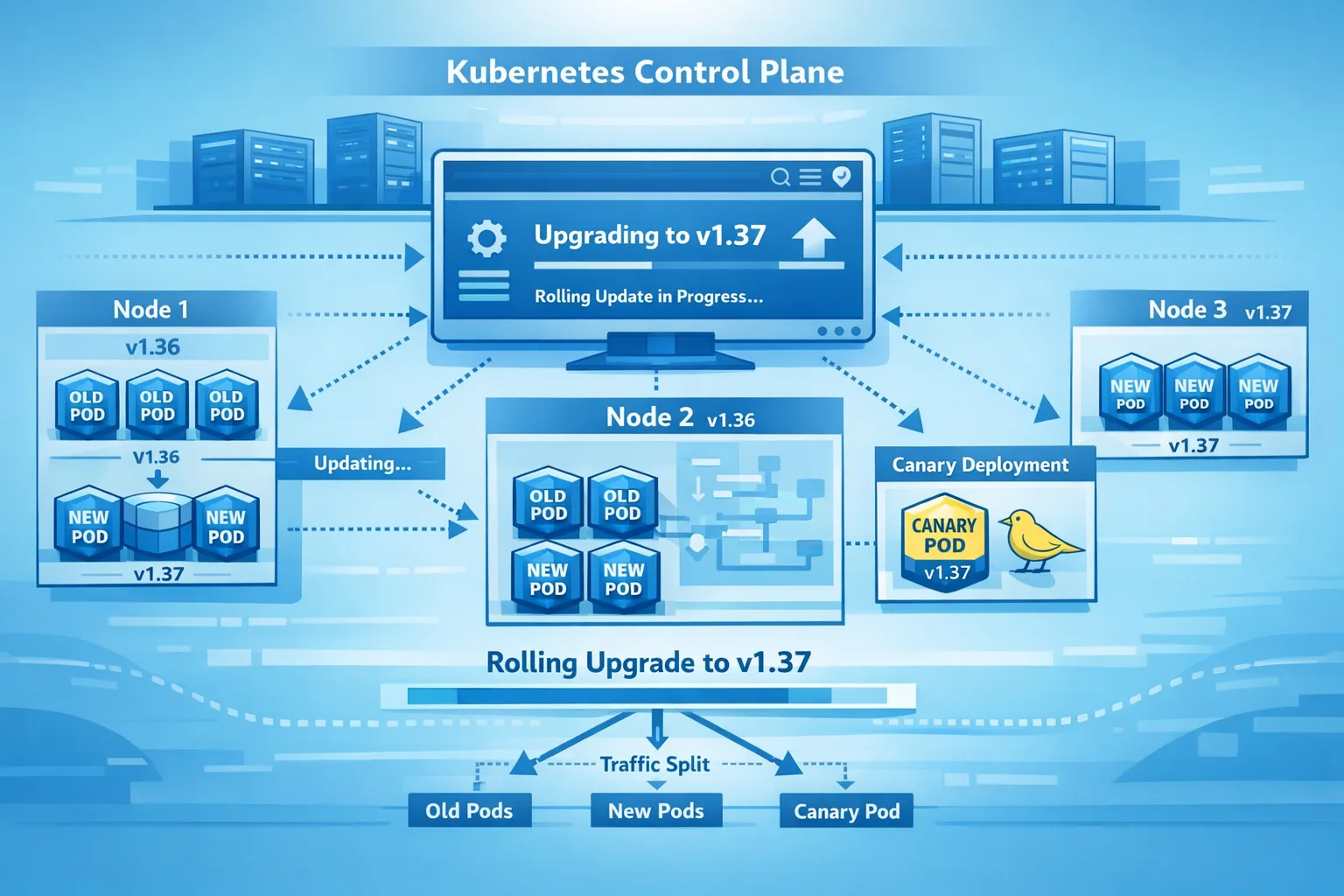 Illustration of a Kubernetes 1.37 control plane managing a rolling upgrade with canary pods