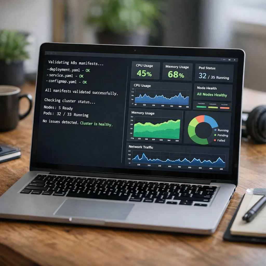 Developer laptop showing Kubernetes manifest validation and metrics charts