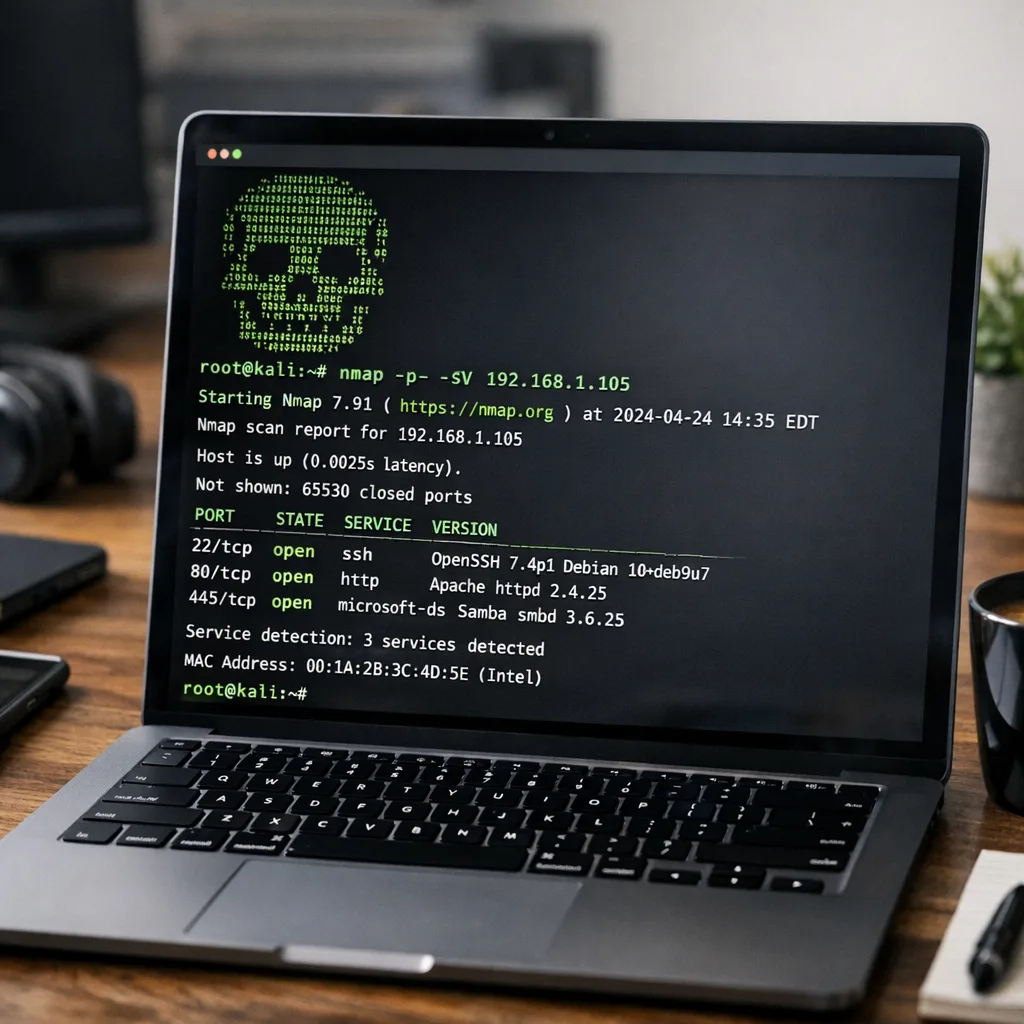 Developer workstation with npm logs and a blocked warning on a secondary screen