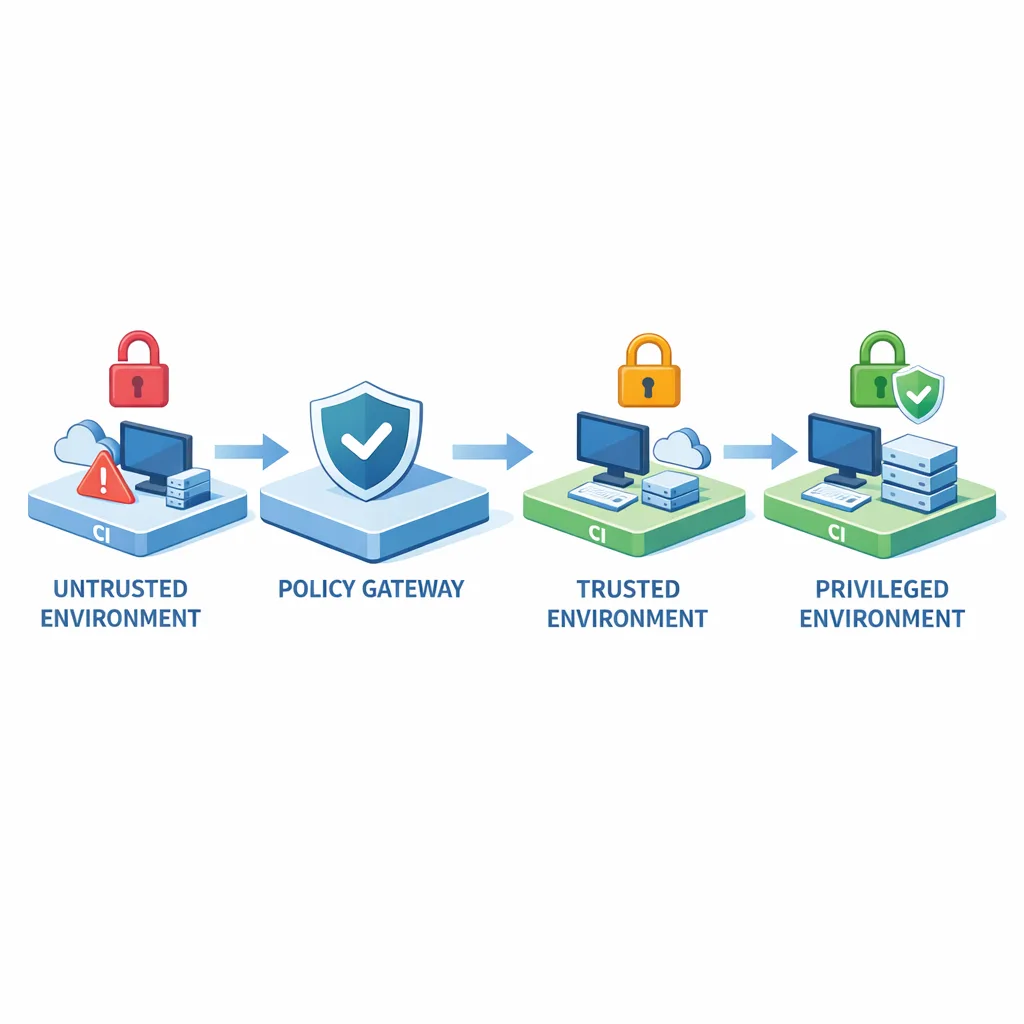 Isometric diagram of isolated CI trust zones with a policy gateway