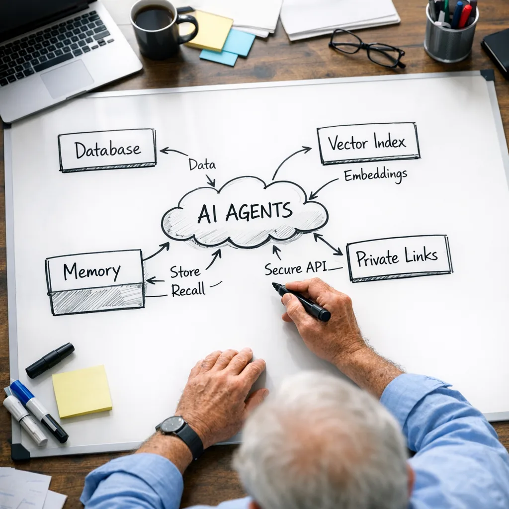 Whiteboard sketch showing AI agent data flow with database, vector index, memory, and private networking