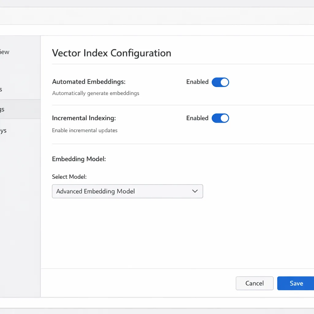 Illustration of configuring a vector index with automated embeddings in a developer console