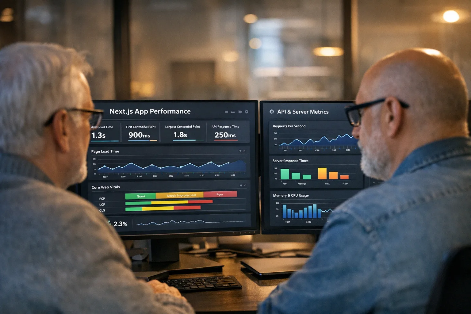 Developers reviewing Next.js performance metrics on dual monitors