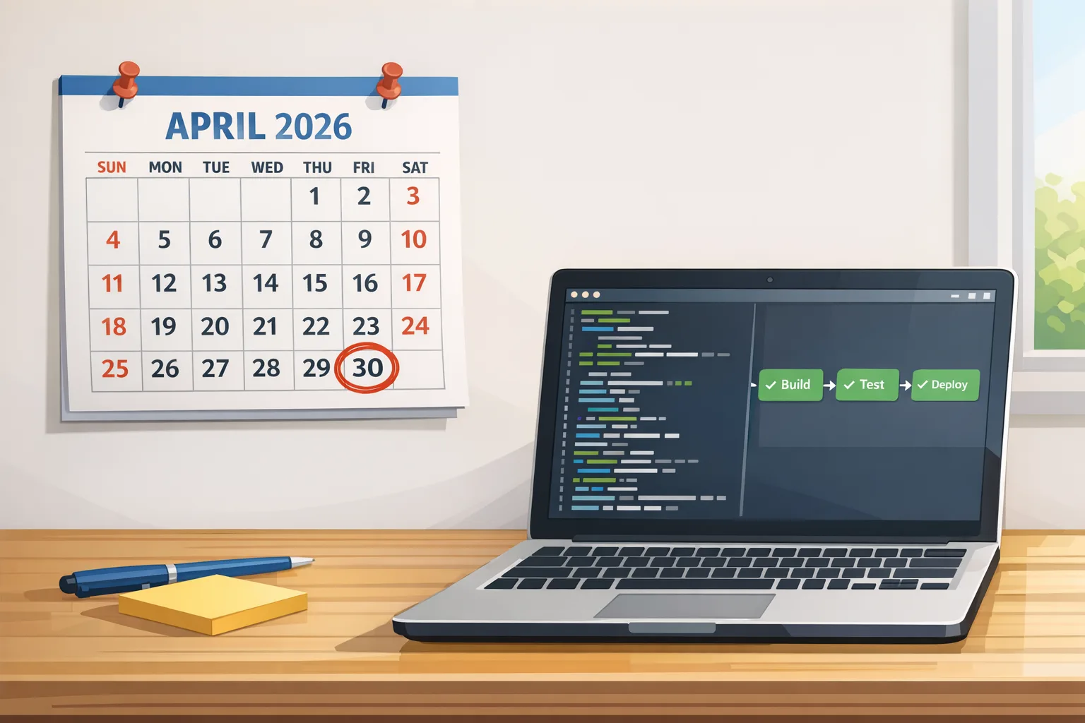Calendar marked for April 30, 2026 next to a laptop with CI logs