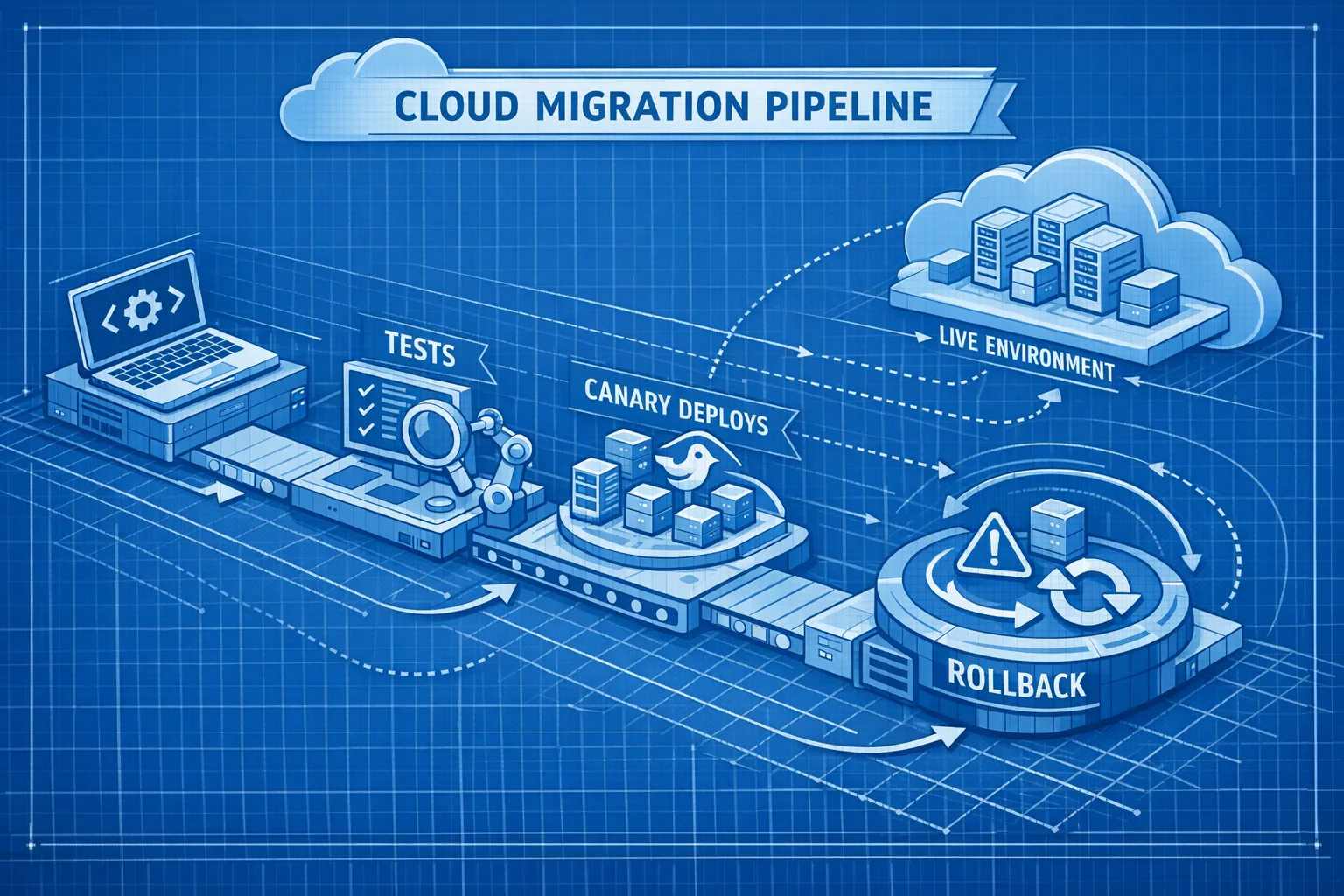 Illustration of a cloud migration pipeline from Node.js 20 to Node 22/24