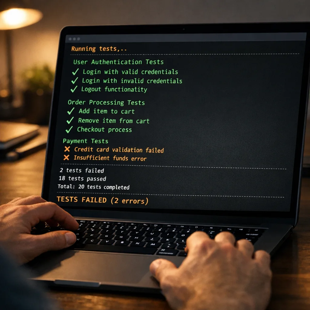 Developer running Node.js tests in terminal during upgrade