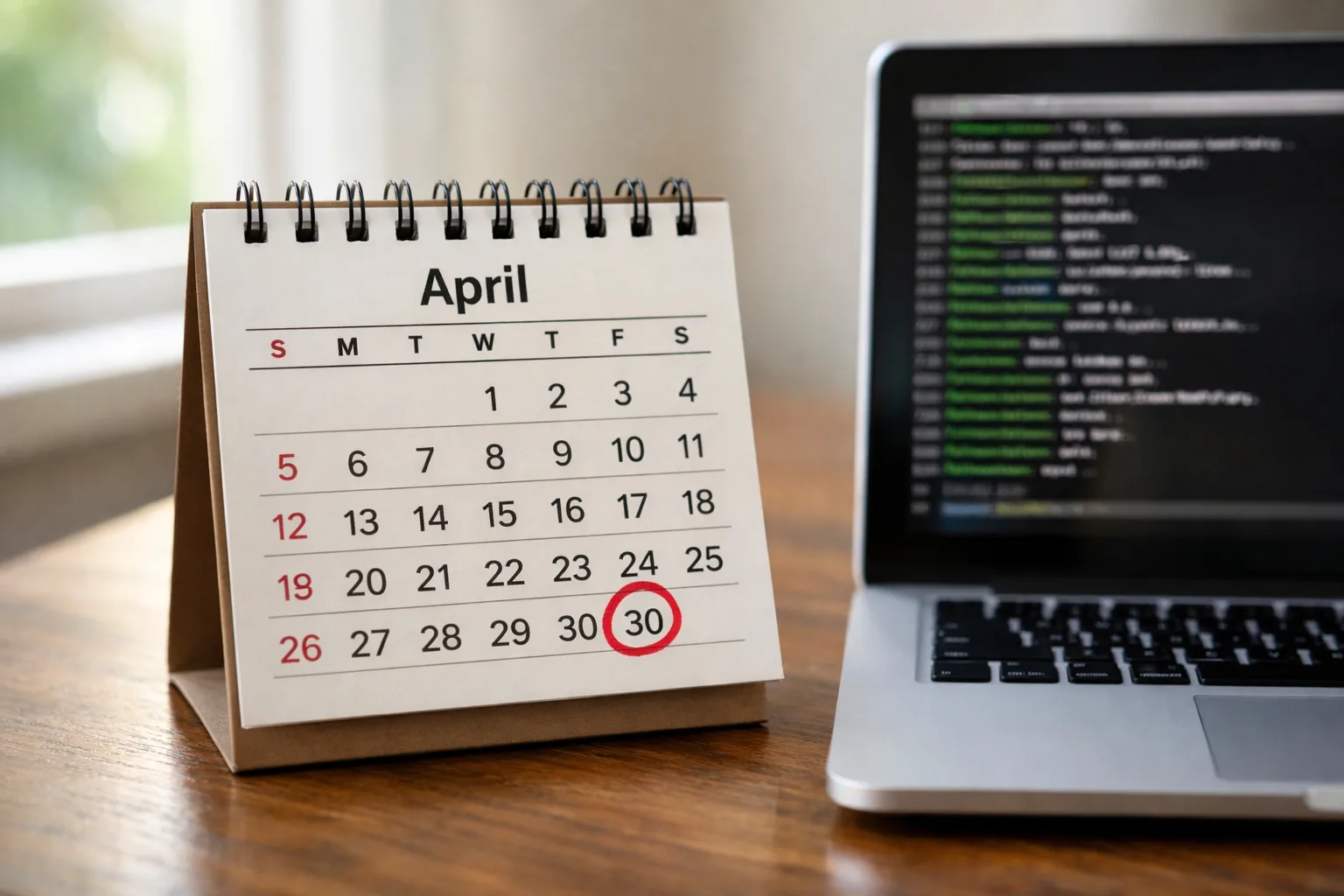Calendar with April 30 circled next to a developer laptop