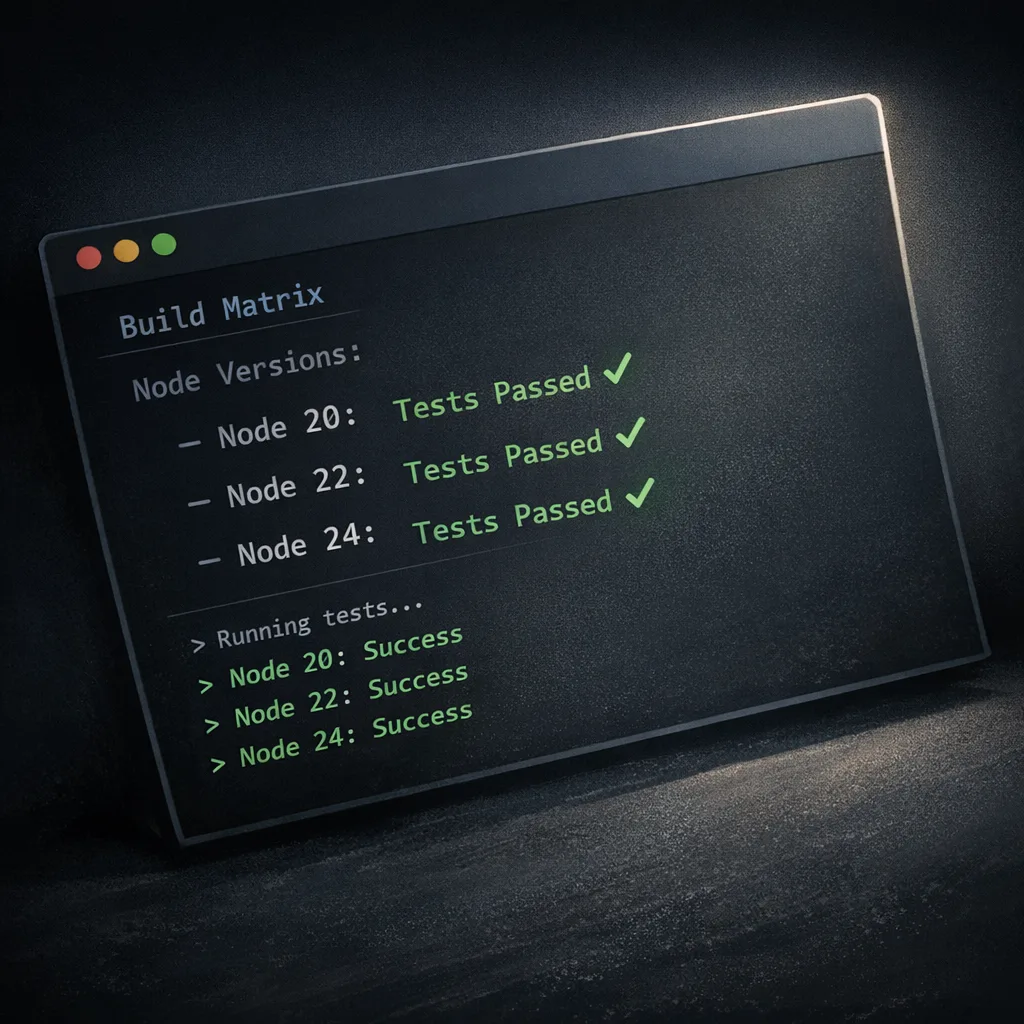 Terminal-style build matrix with Node 20, 22, 24 showing passing checks