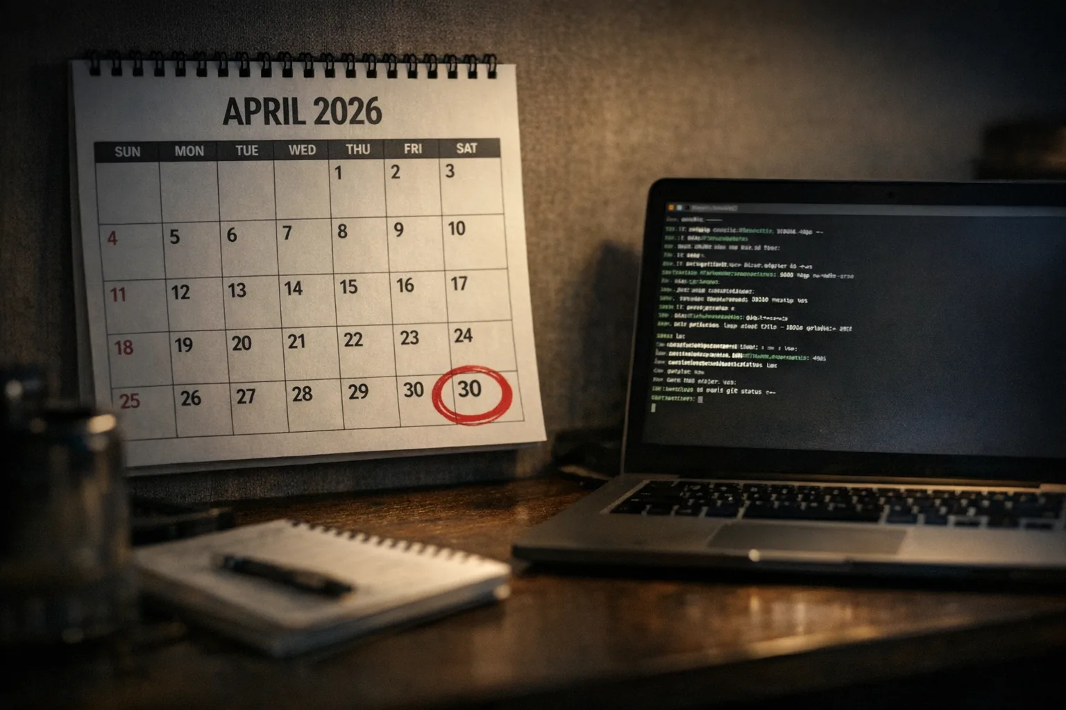 Calendar with April 30 circled and a terminal session open