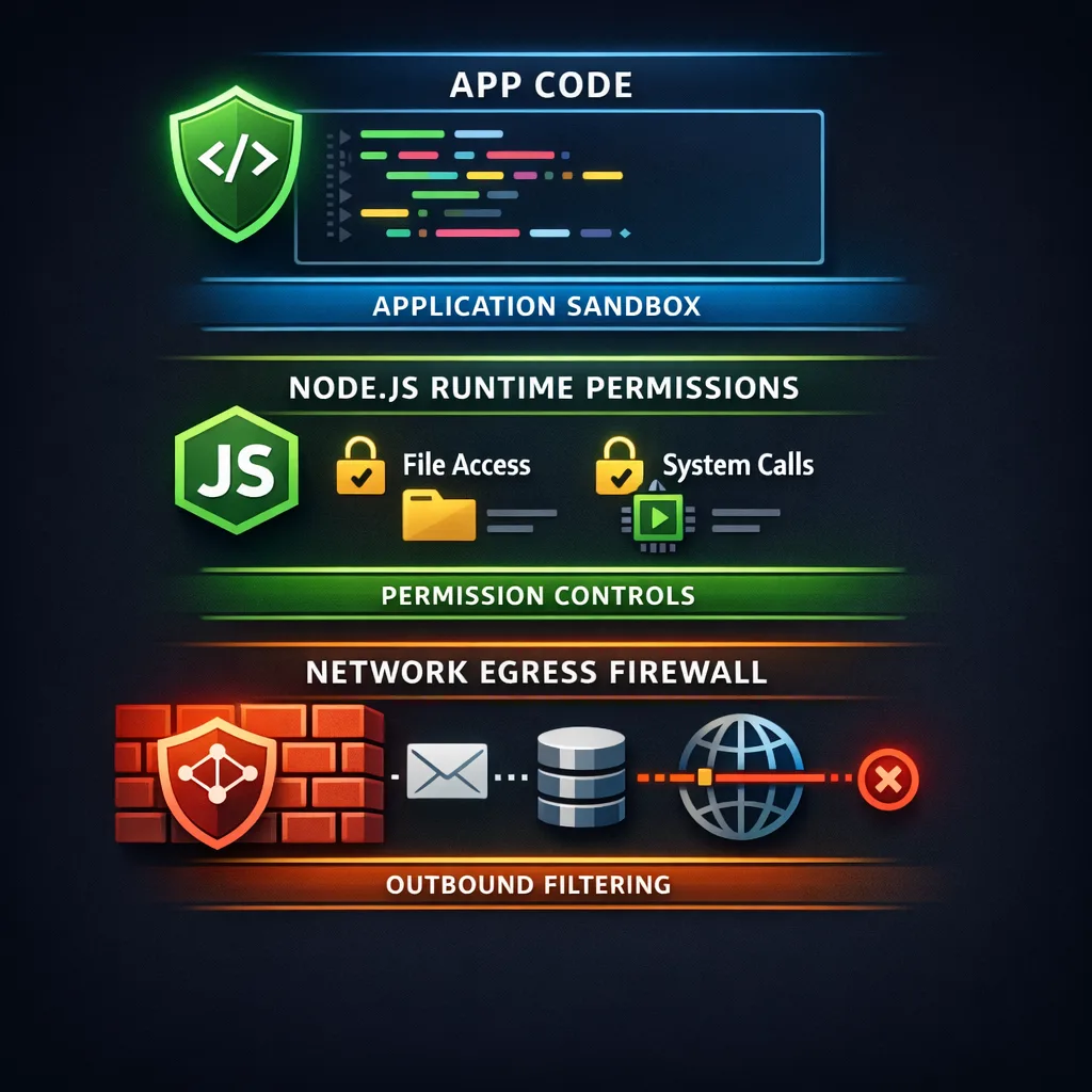 Illustration of Node.js permissions layered with an egress firewall