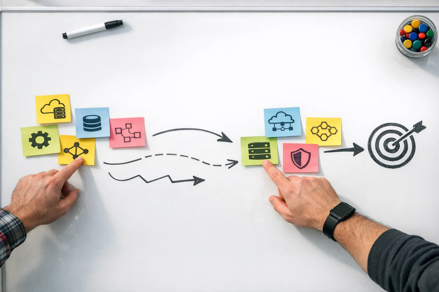 Whiteboard migration plan with service sticky notes and arrows