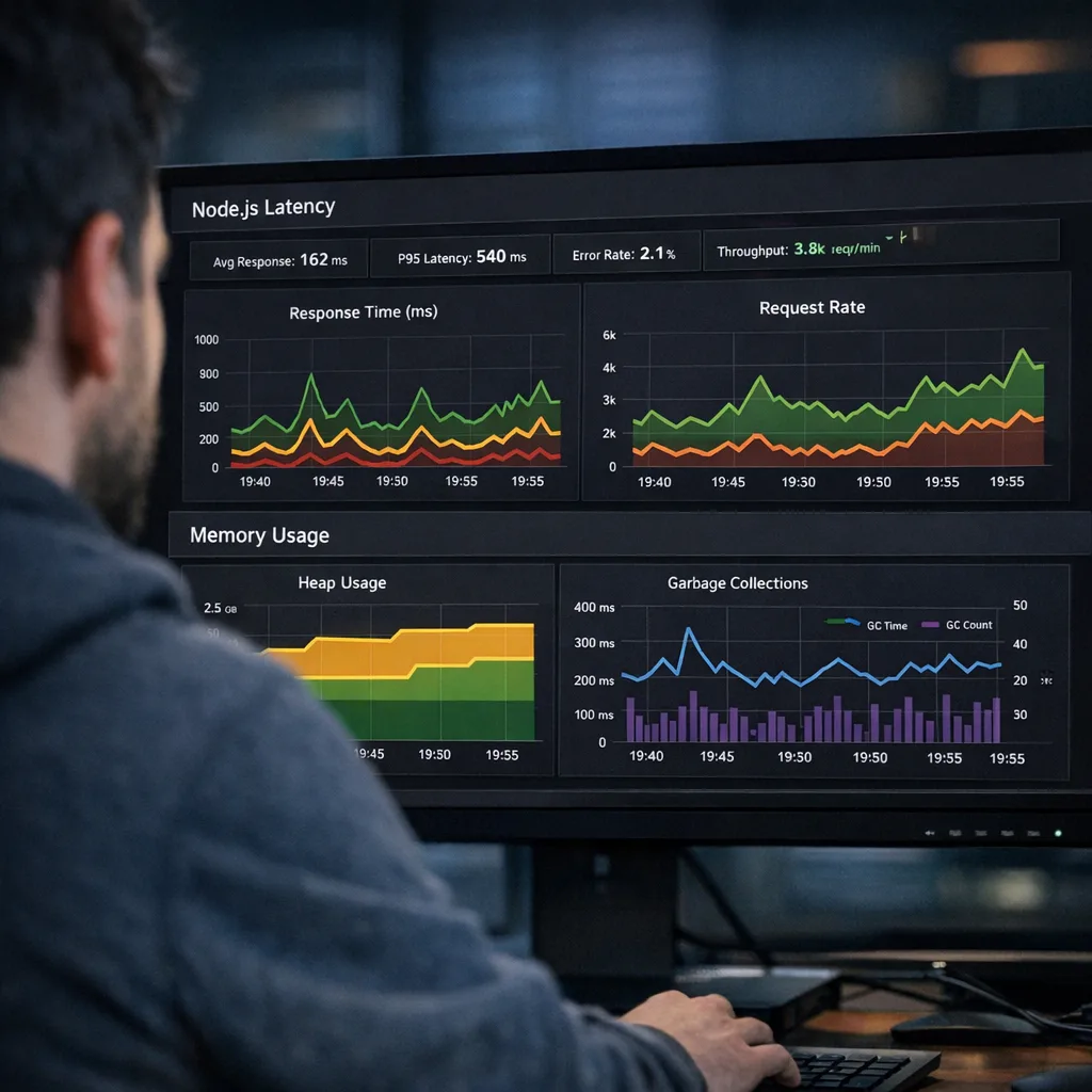 Engineer benchmarking Node 22 vs Node 24 latency and memory