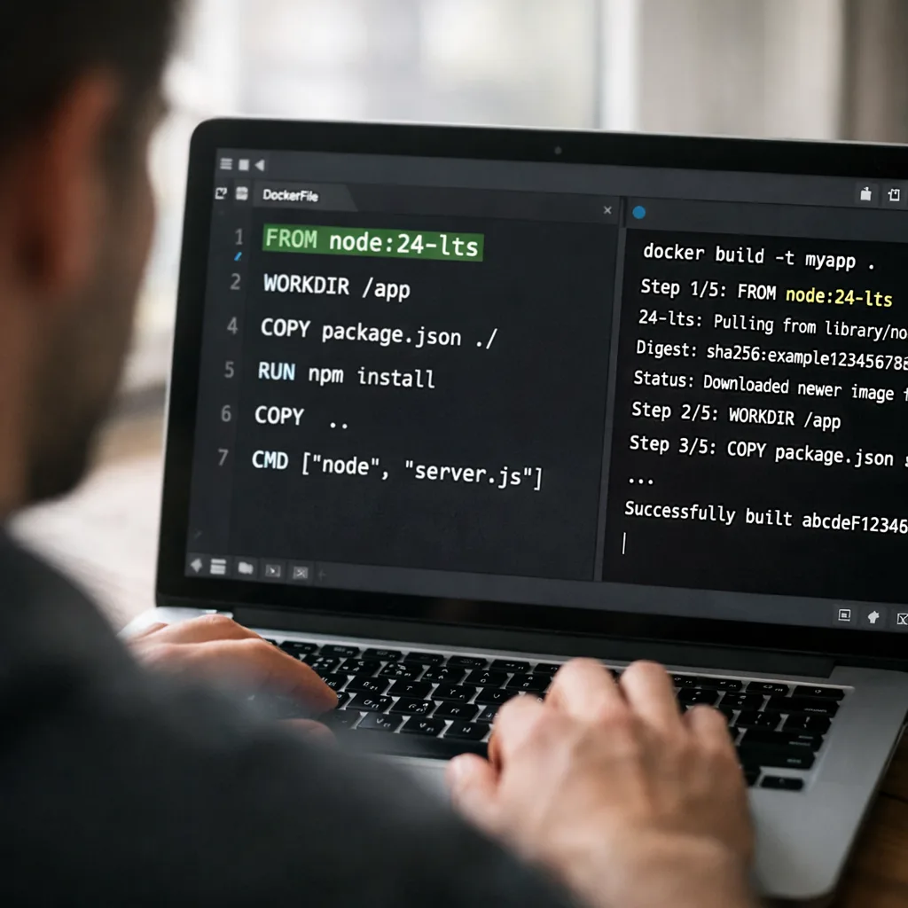 Developer updating Dockerfile and CI to Node 24 LTS