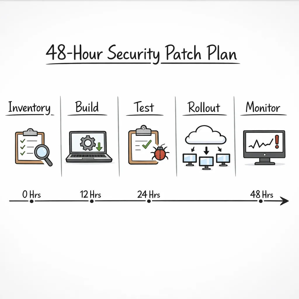 48-hour Node.js patch plan sketched as a whiteboard timeline