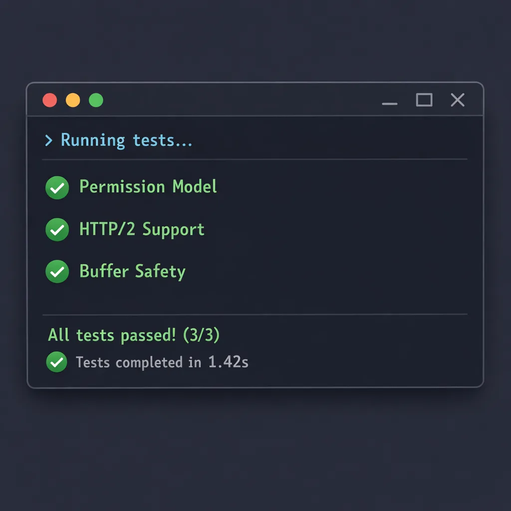 Illustration of automated tests passing for permission model, HTTP/2, and buffer safety