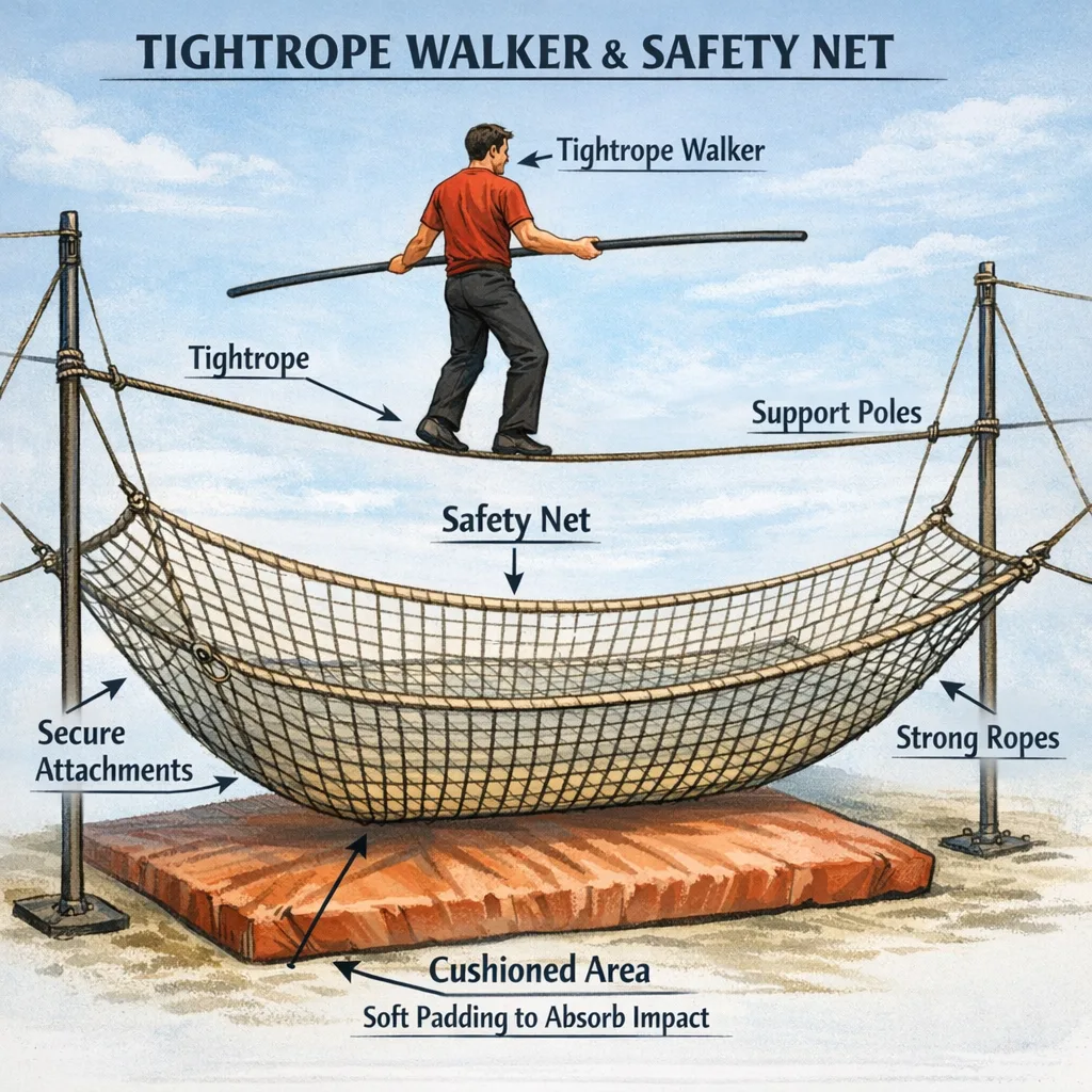 Concept art showing a production safety net with canary, error handling, permissions, and rollback checkpoints