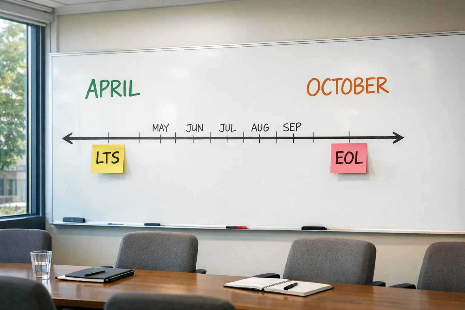 Product team planning Node.js releases on a wall timeline