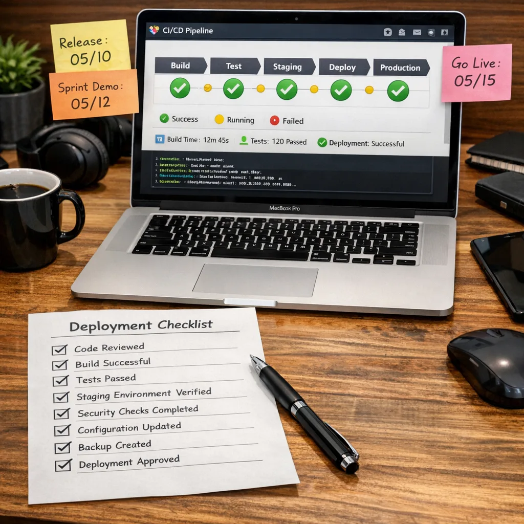 DevOps desk with CI dashboard and upgrade checklist highlighting April 30, 2026