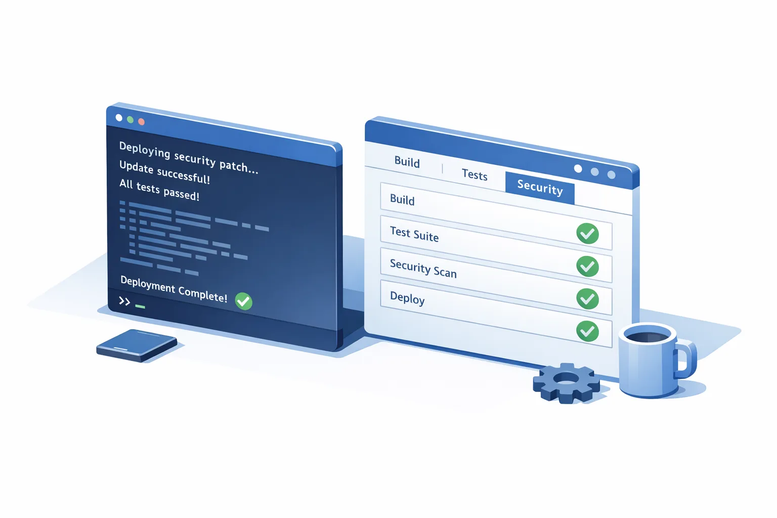 CI dashboard illustration showing successful security patch rollout