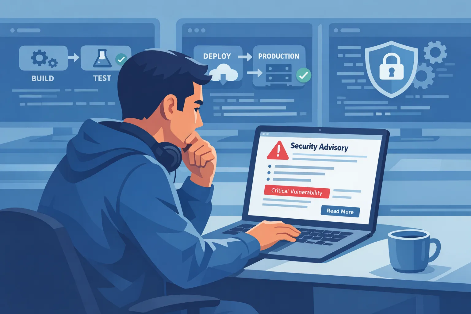 Developer reviewing Node.js security advisory with CI pipeline