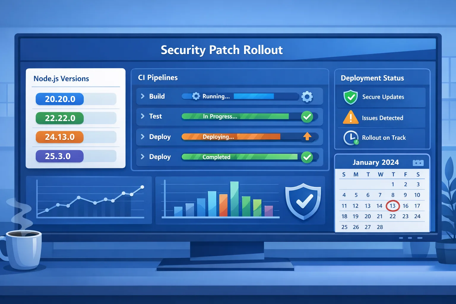 Illustration of Node.js security release versions and CI pipelines